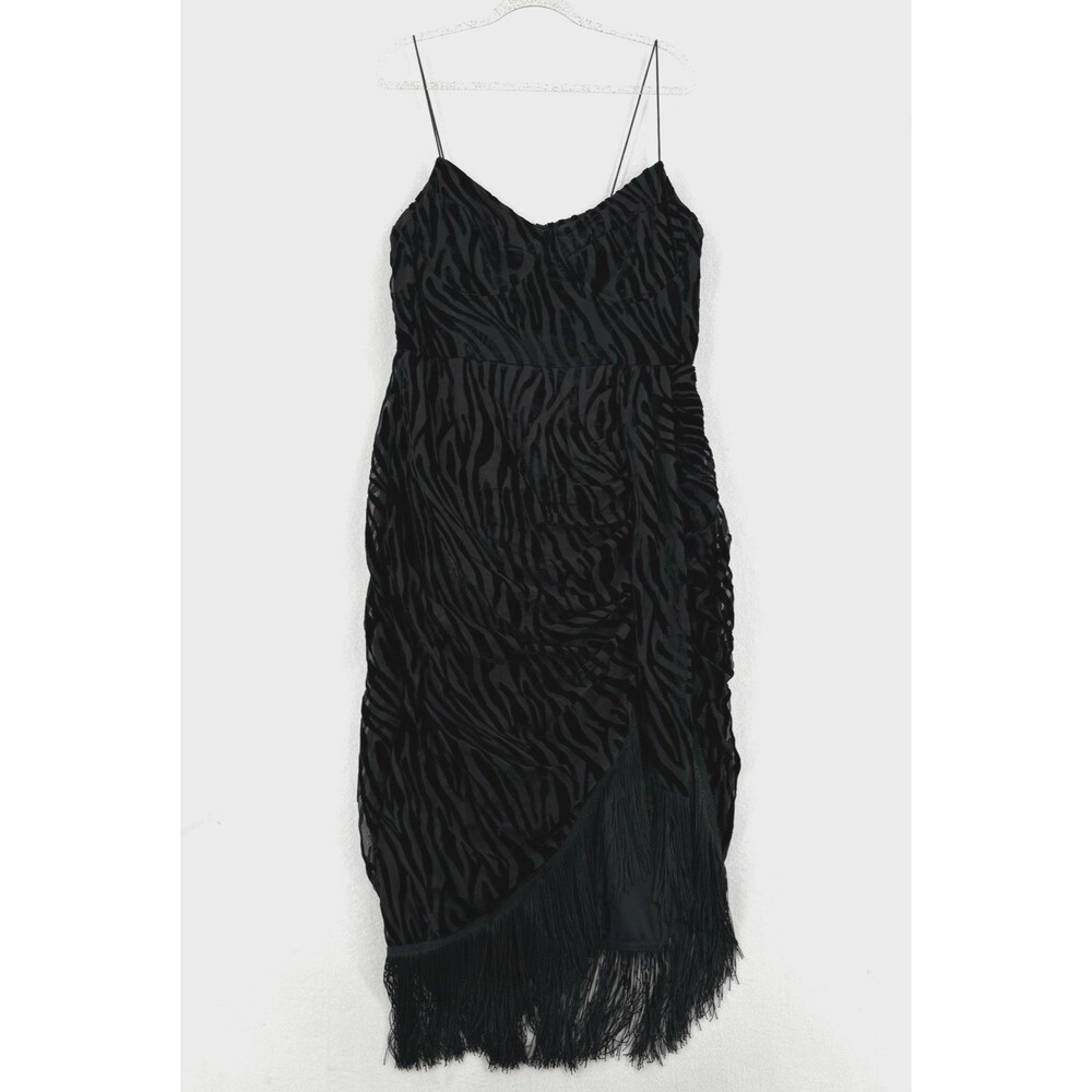 PrettyLittleThing Zebra Burnout Velvet Fringe Midi Dress US 16 Black Ruched Glam